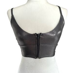 Haute Body Sports Bra XS Silver Metallic Zip Front Straps Athleisure Revolve NWT